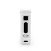 Sleek white electronic device with black screen, silver buttons, and charging port; modern and portable.