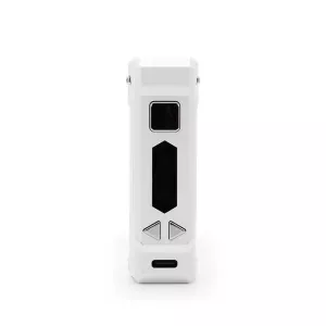 Sleek white electronic device with black screen, silver buttons, and charging port; modern and portable.