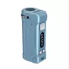 Compact blue vape device with screen, buttons, adjustable settings, charging port, and sleek design.