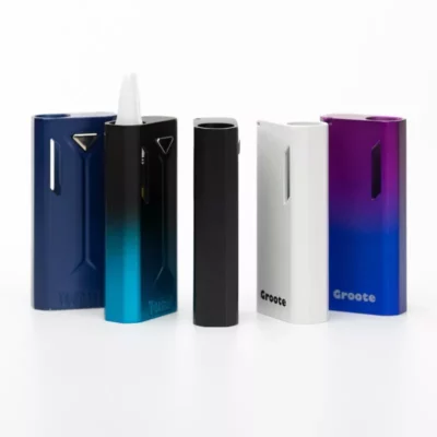 Assorted Yocan Groote vape batteries with LED indicators in gradient and solid colors.