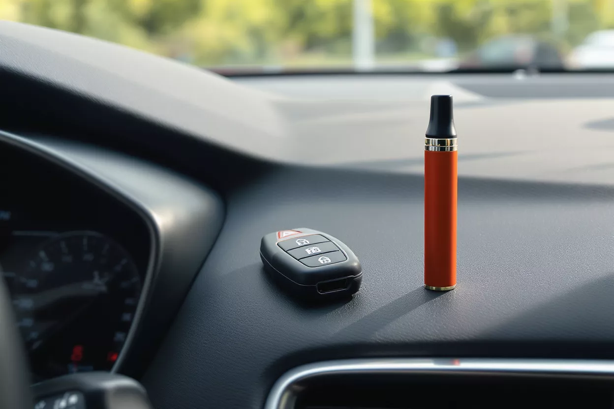 Vaporizador naranja y llaves del coche en un salpicadero, fondo desenfocado.
