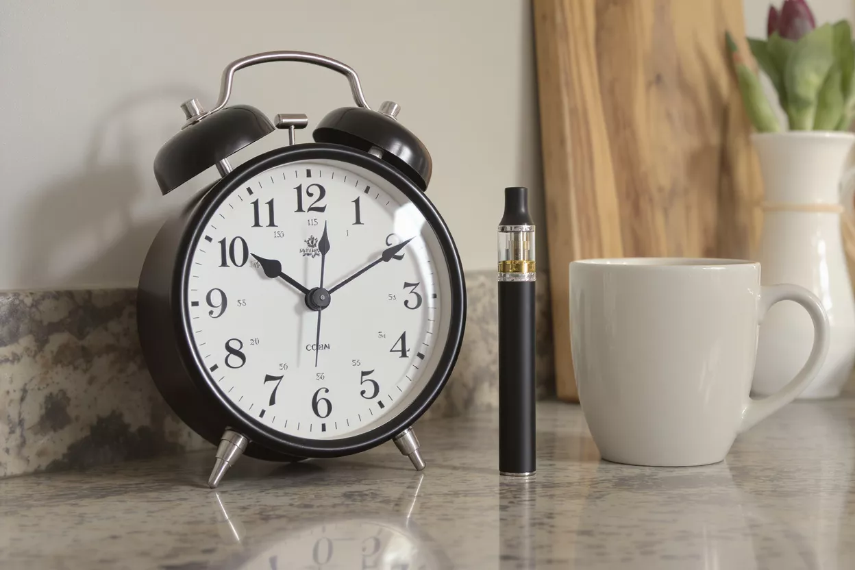 Reloj despertador, vape pen y taza de café en una encimera de cocina.