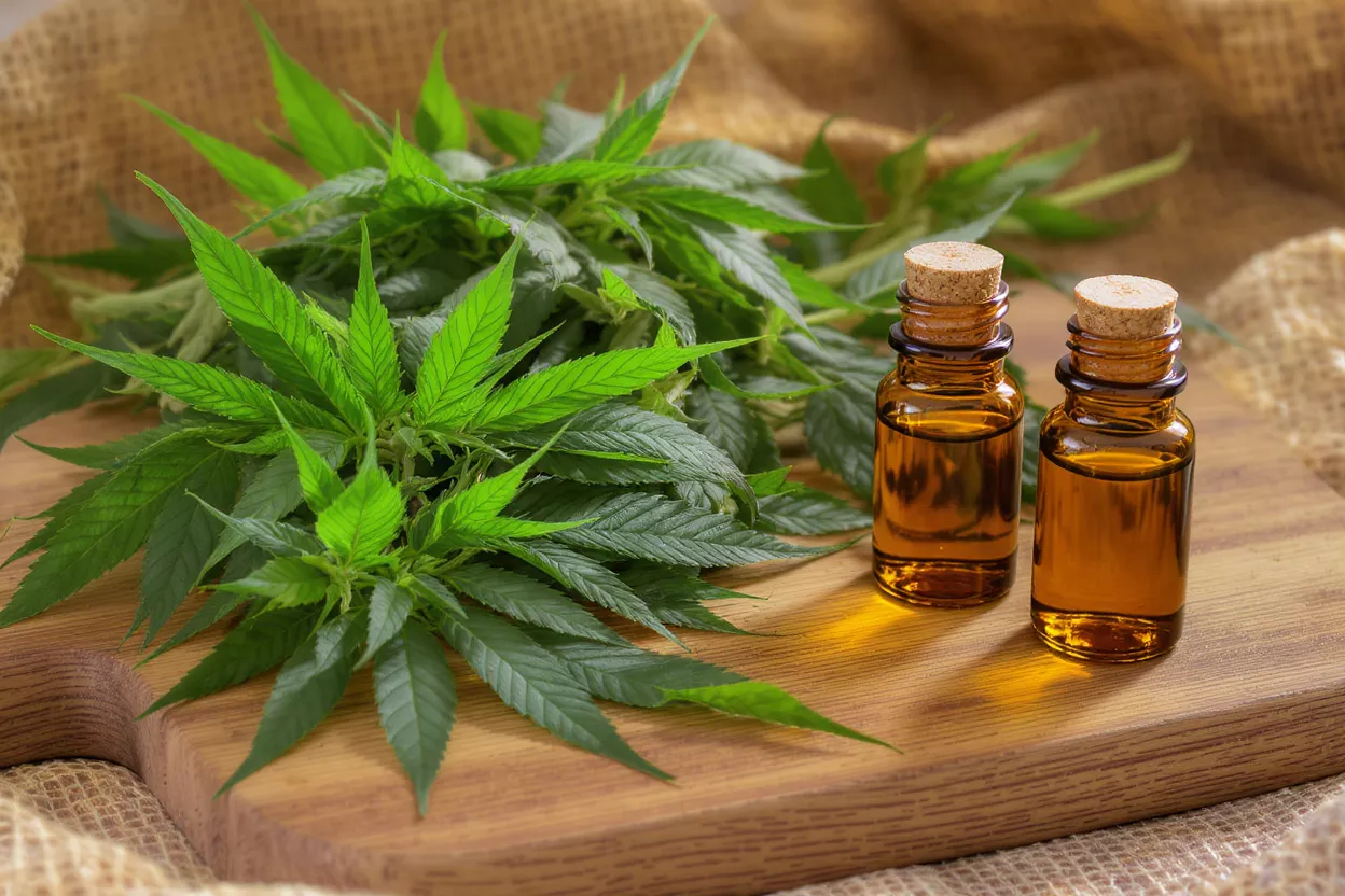 Fresh cannabis leaves and two amber bottles of cannabis oil on a wooden board.