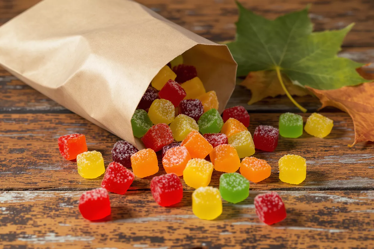 Vibrant gummy candies spilling from a paper bag onto a rustic wooden surface.