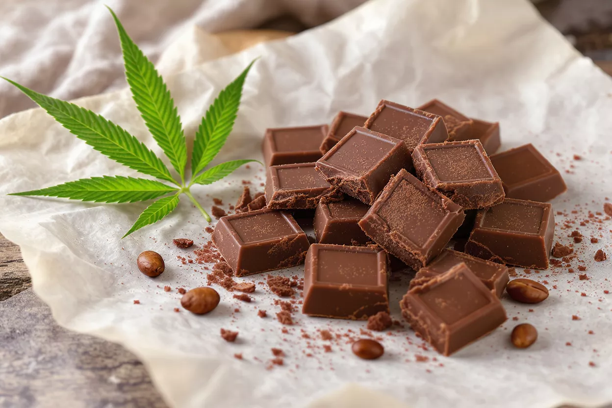 A vibrant green cannabis leaf next to a pile of chocolate squares on parchment paper.