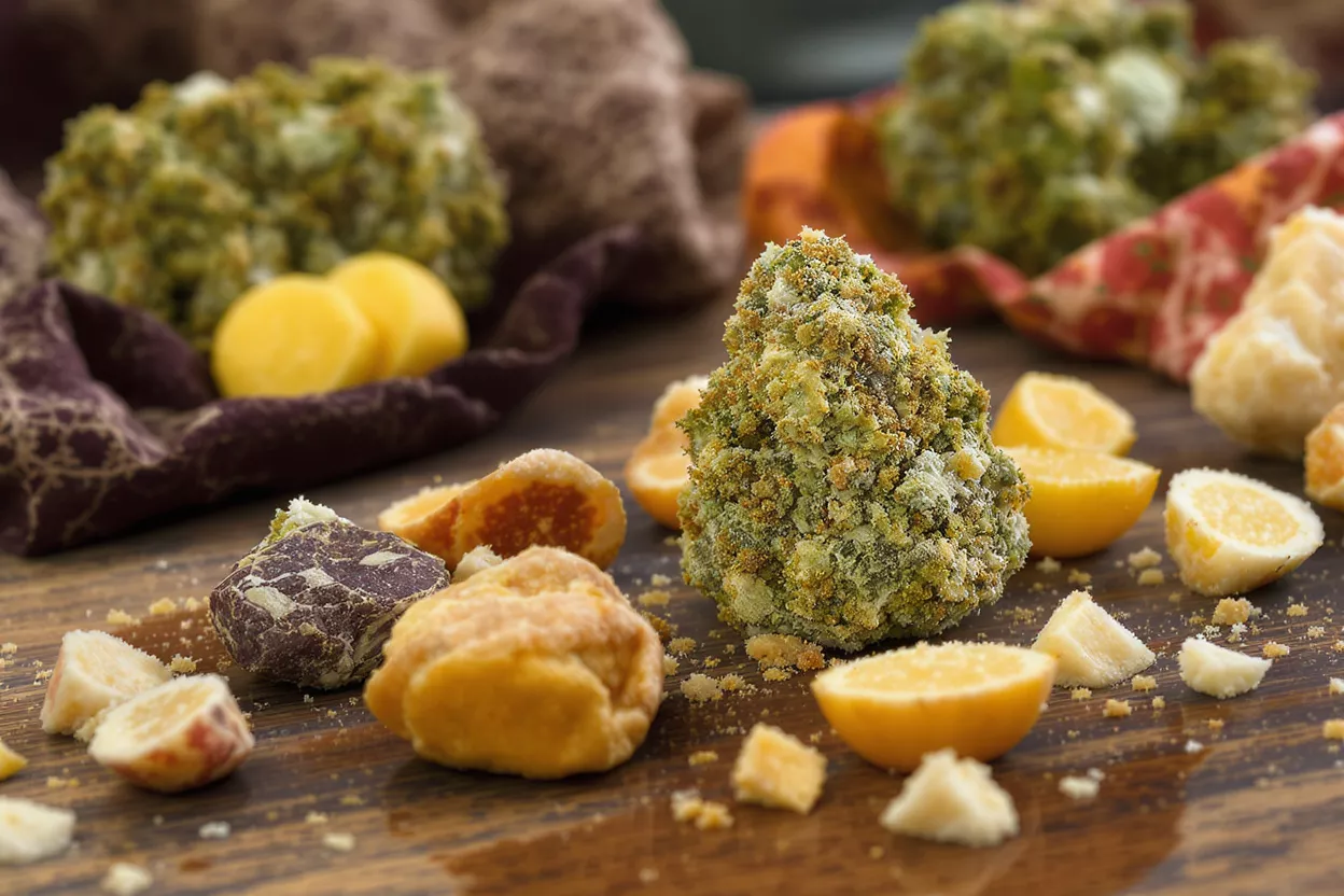 Close-up of cannabis flowers and citrus fruits