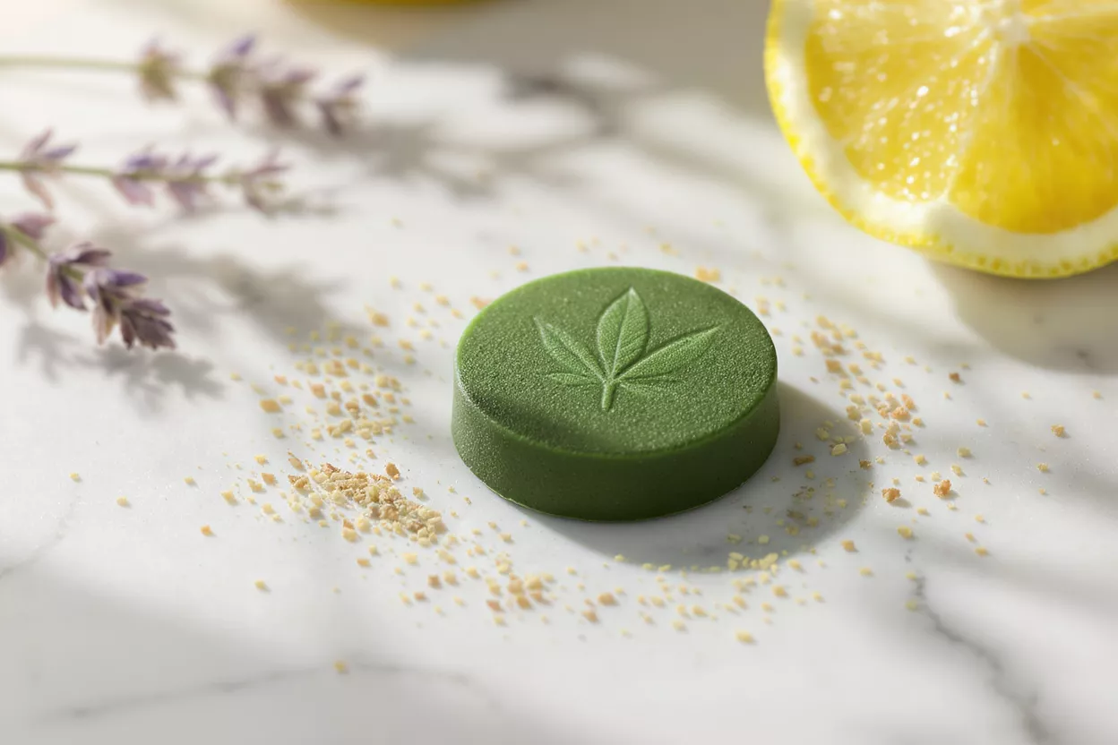 Green leaf-shaped soap beside lemon and lavender