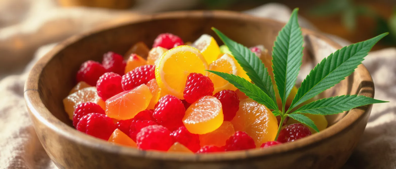 Cannabis Gummies and Fruit A wooden bowl filled with cannabis gummies, raspberries, and a marijuana leaf.