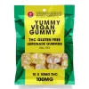 Yummy Vegan THC Lemonade Gummies, 100mg total, gluten-free, sugar-coated, bright green packaging.