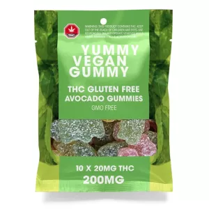 Vegan THC gummies in green package with dosage and health info.