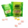 Vegan THC gummies in green packages, gluten-free, GMO-free, with transparent windows and colorful bears.