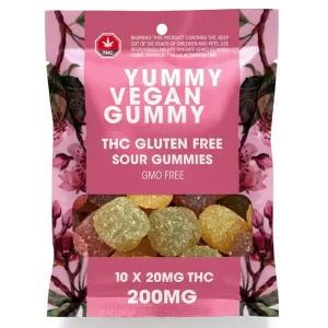 Vegan THC gummies package with dosage and safety warnings.