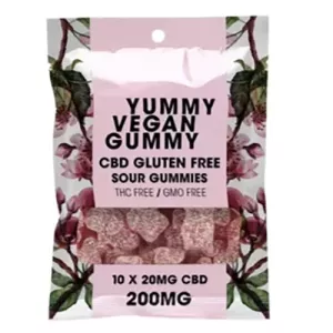 Yummy Vegan CBD Gummies: Sour, Gluten-Free, THC-Free, GMO-Free, 20mg each, Floral Packaging.