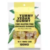 Vegan CBD lemonade gummies, gluten-free, THC-free, GMO-free, 10mg each, yellow packaging.