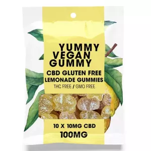 Vegan CBD lemonade gummies, gluten-free, THC-free, GMO-free, 10mg each, yellow packaging.