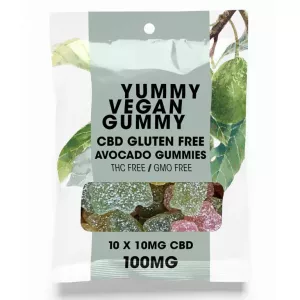 Vegan CBD avocado gummies, gluten-free, THC-free, GMO-free, 10mg each, colorful and sugar-coated.