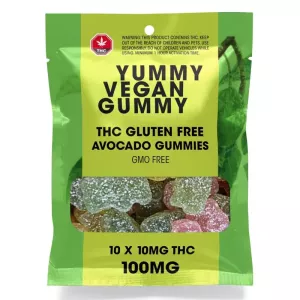 Vegan THC avocado gummies package with dosage and safety warnings.