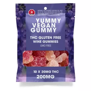 Yummy Vegan THC Wine Gummies package with dosage and gluten-free details.