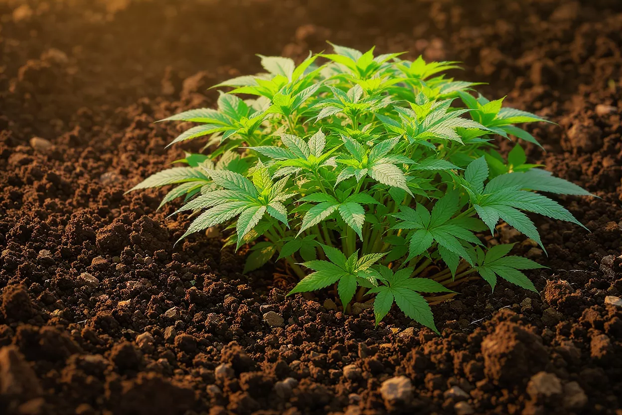 A lush green plant emerging from rich soil