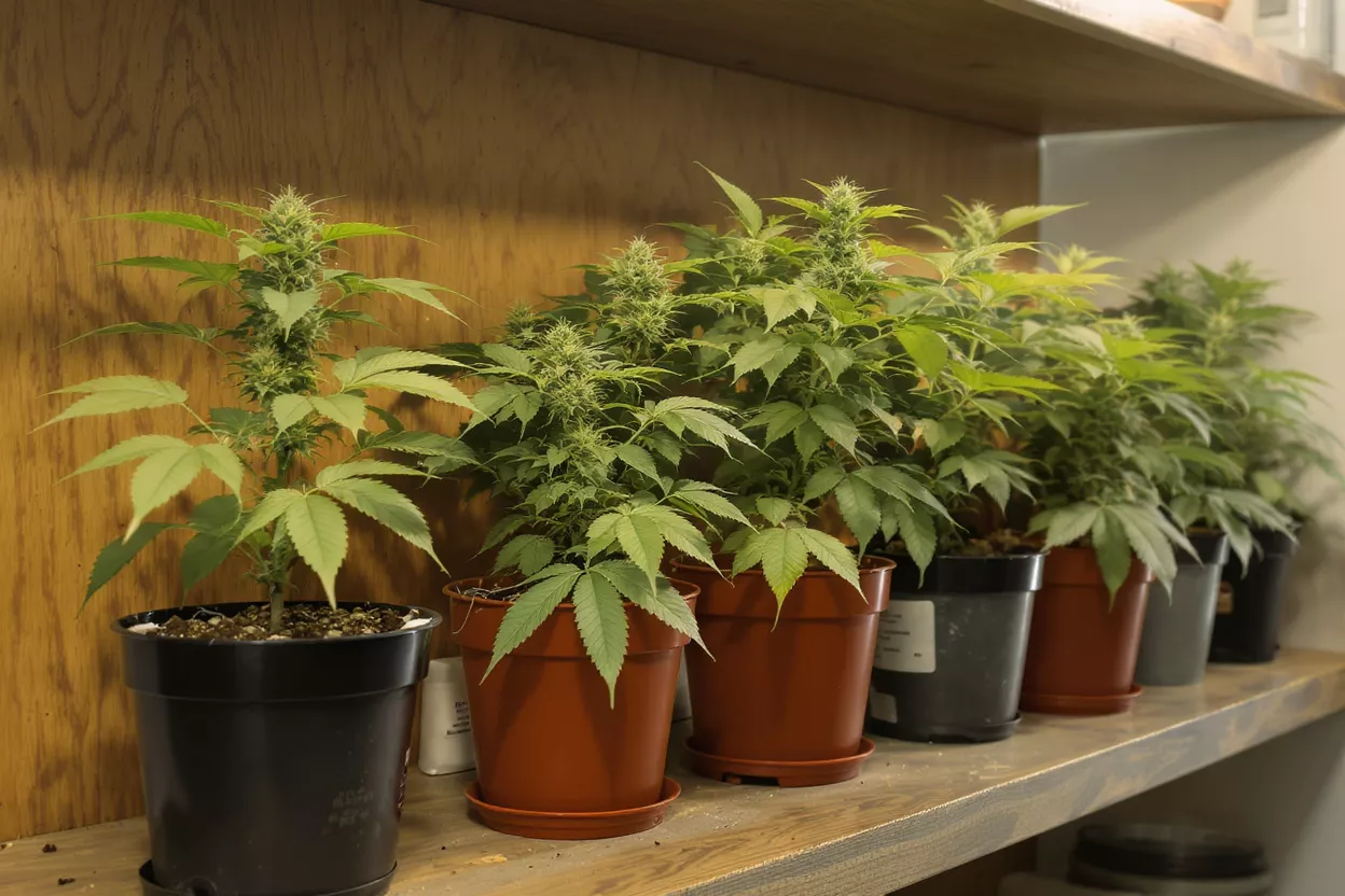 Several cannabis plants in pots on a shelf