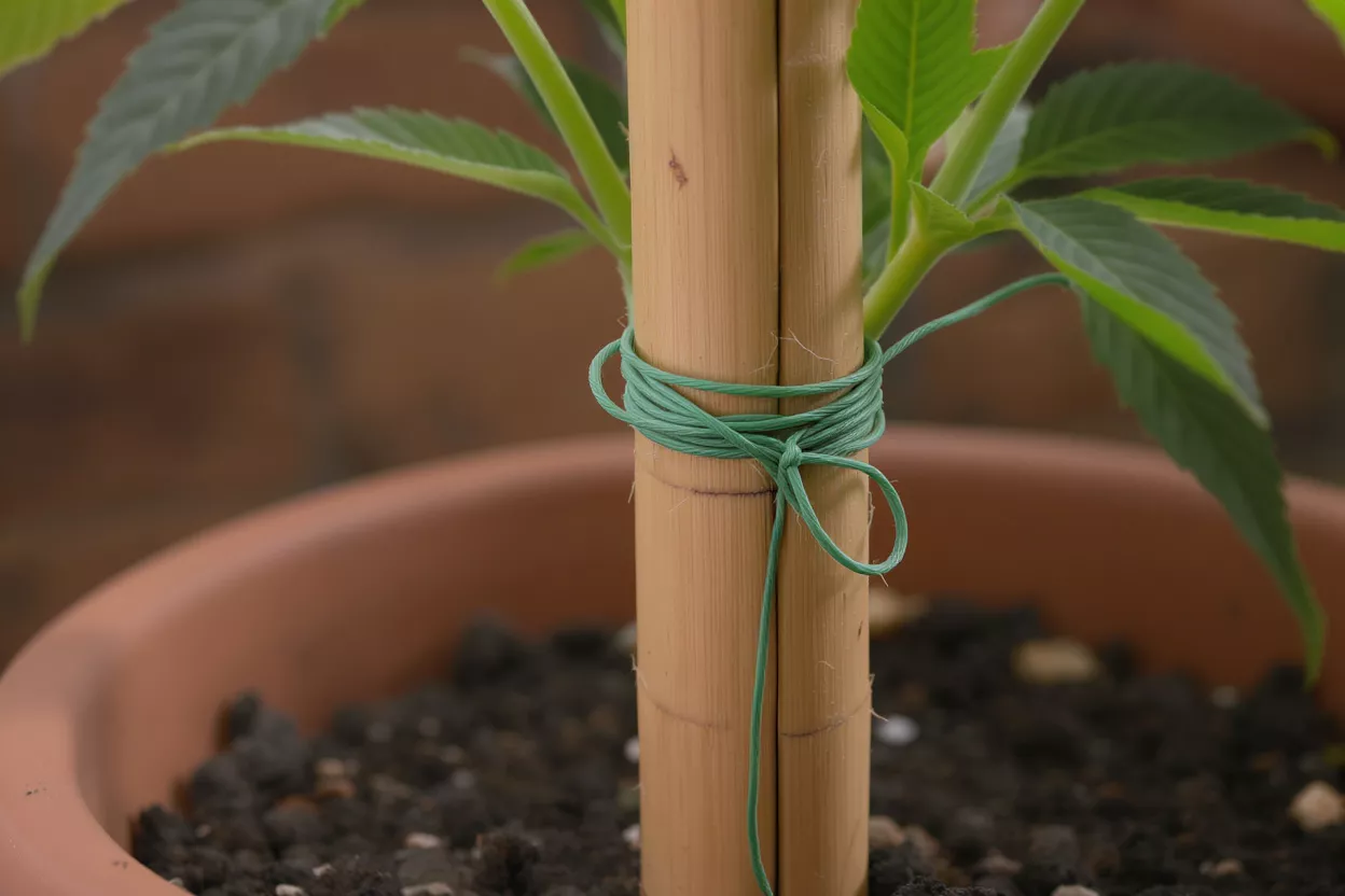 Bamboo stick tied with green string supporting a plant