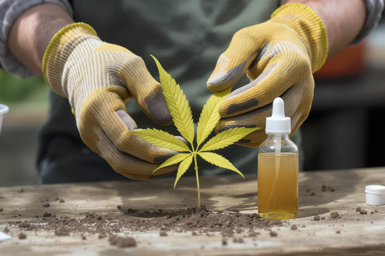 Person in gloves tending to a cannabis plant