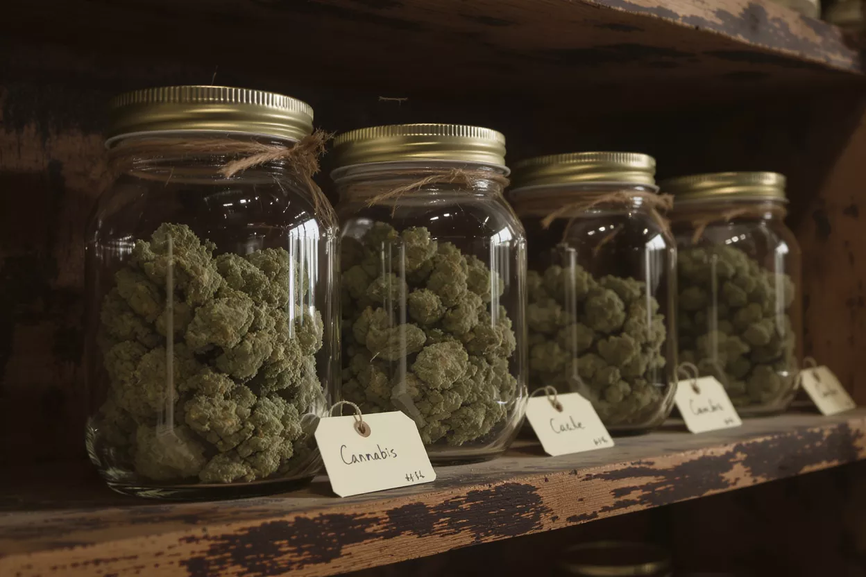 Glass jars filled with cannabis on a wooden shelf