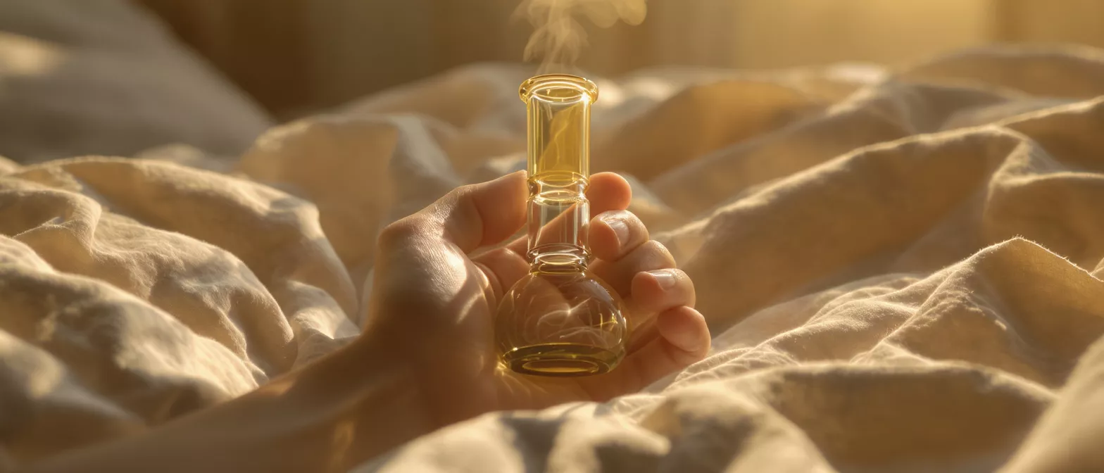 A hand holding a glass bong with smoke rising