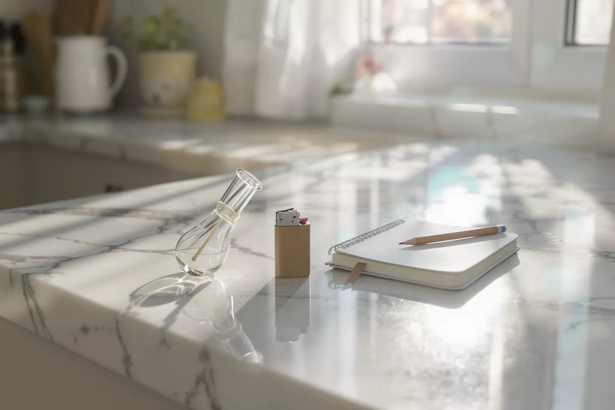 A glass vessel, lighter, and notebook on a countertop