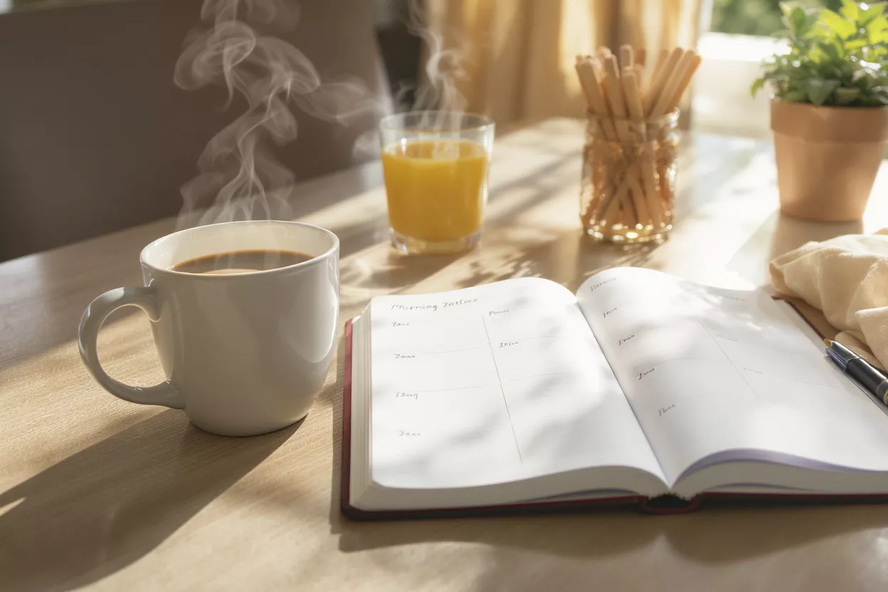 A cup of coffee beside an open planner and juice