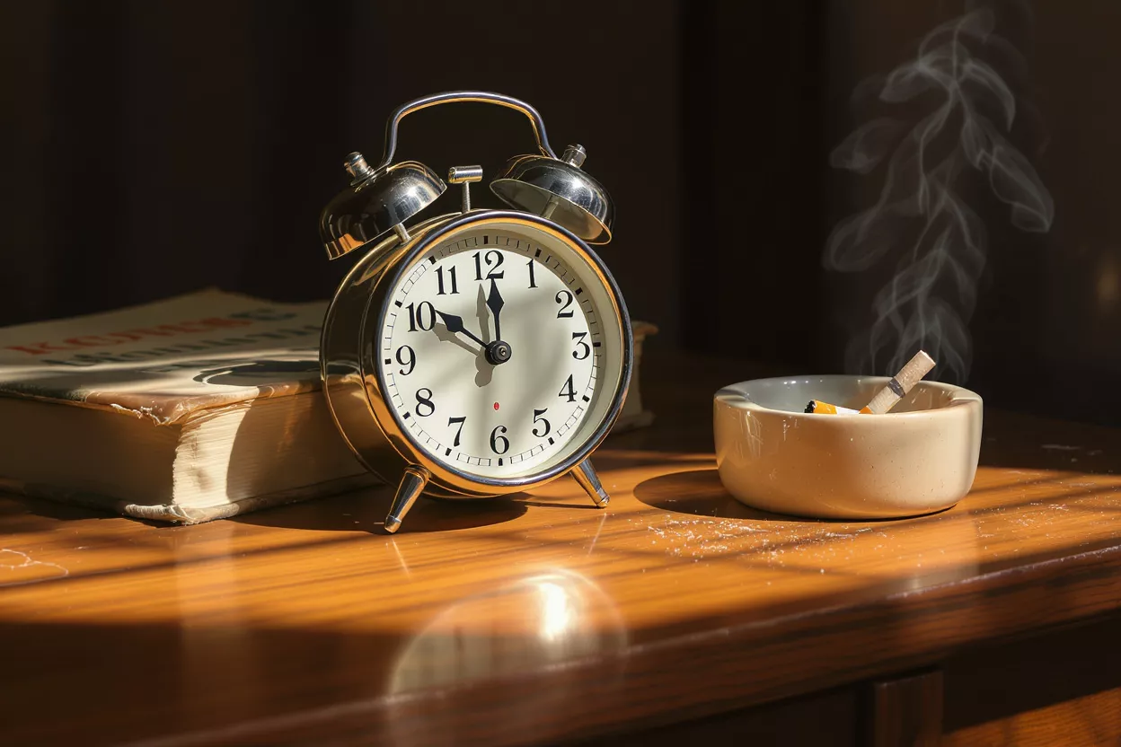 A vintage alarm clock beside an ashtray