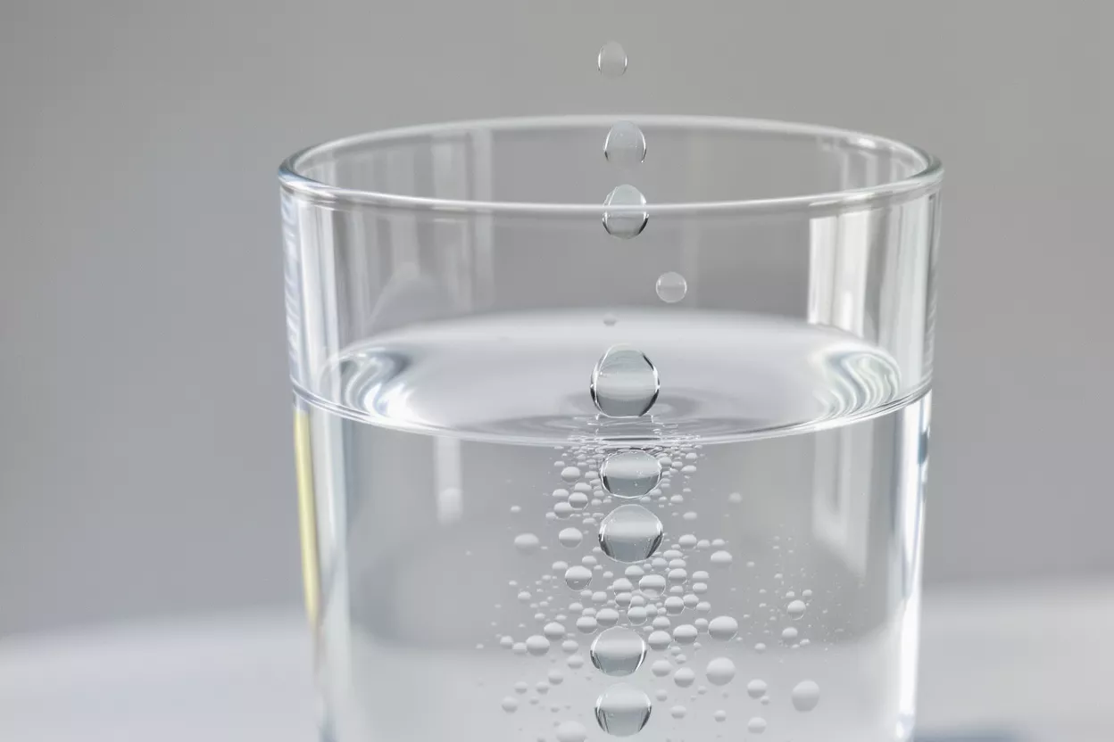 Close-up of water drops falling into a glass of water, creating bubbles.