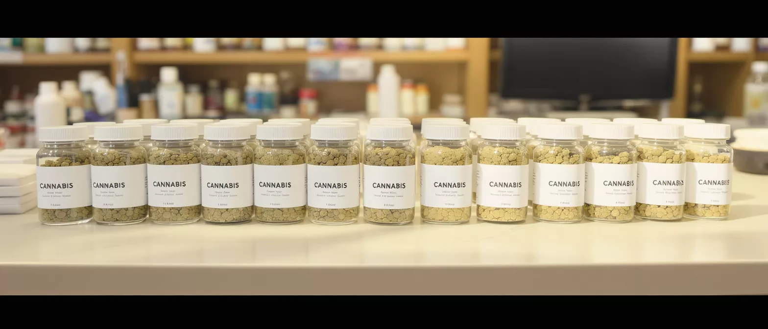 Numerosos frascos pequeños y transparentes etiquetados como «CANNABIS» llenos de pepitas verde-marrón sobre un mostrador blanco.