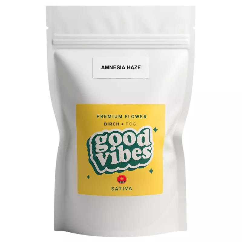 White pouch with yellow label, text good vibes, and amnesia haze.