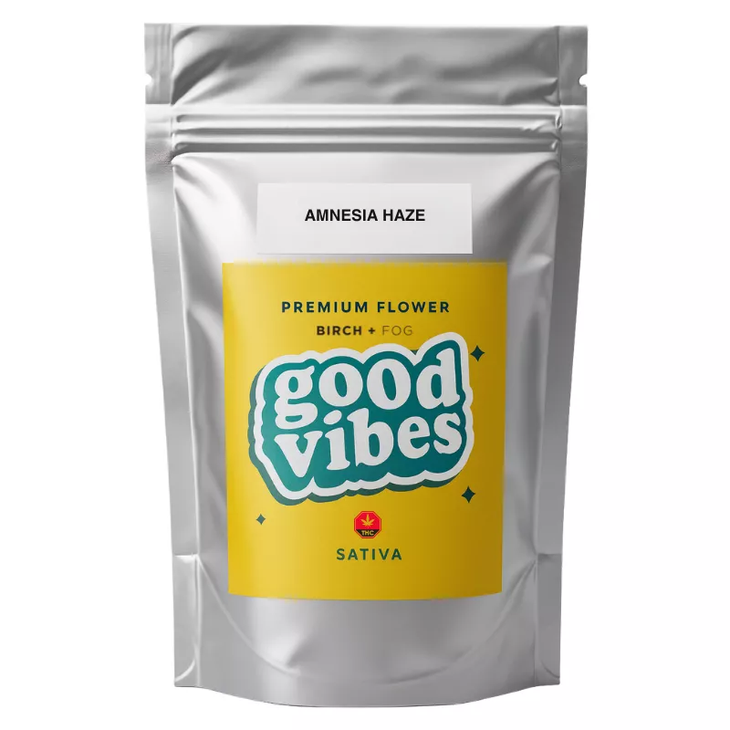 Silver packaging with yellow label, blue text, and cannabis branding.