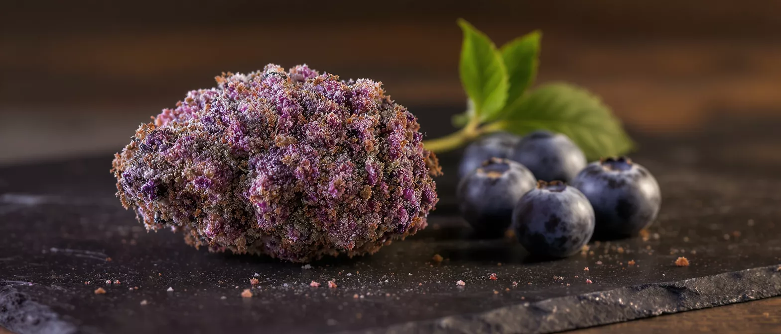 A vibrant blueberry crumble dessert with fresh blueberries and green leaves on slate.