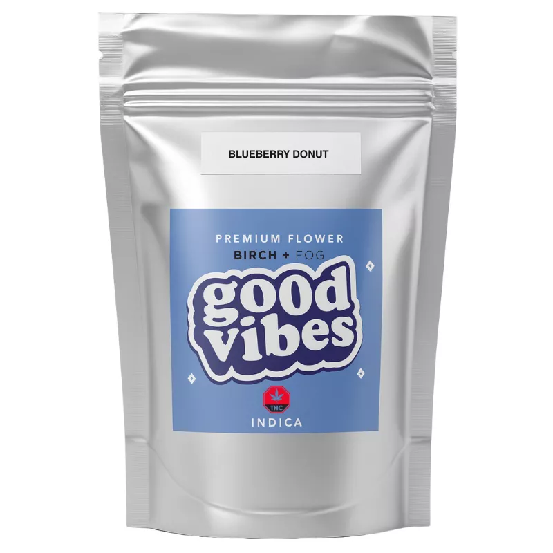 Good Vibes Blueberry Donut Premium Flower Pack Silver pouch with blue label, good vibes, and blueberry donut text.