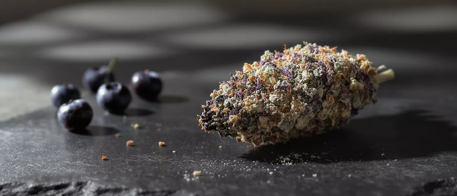 Close-up of a colorful cannabis bud with blueberries on a dark surface.