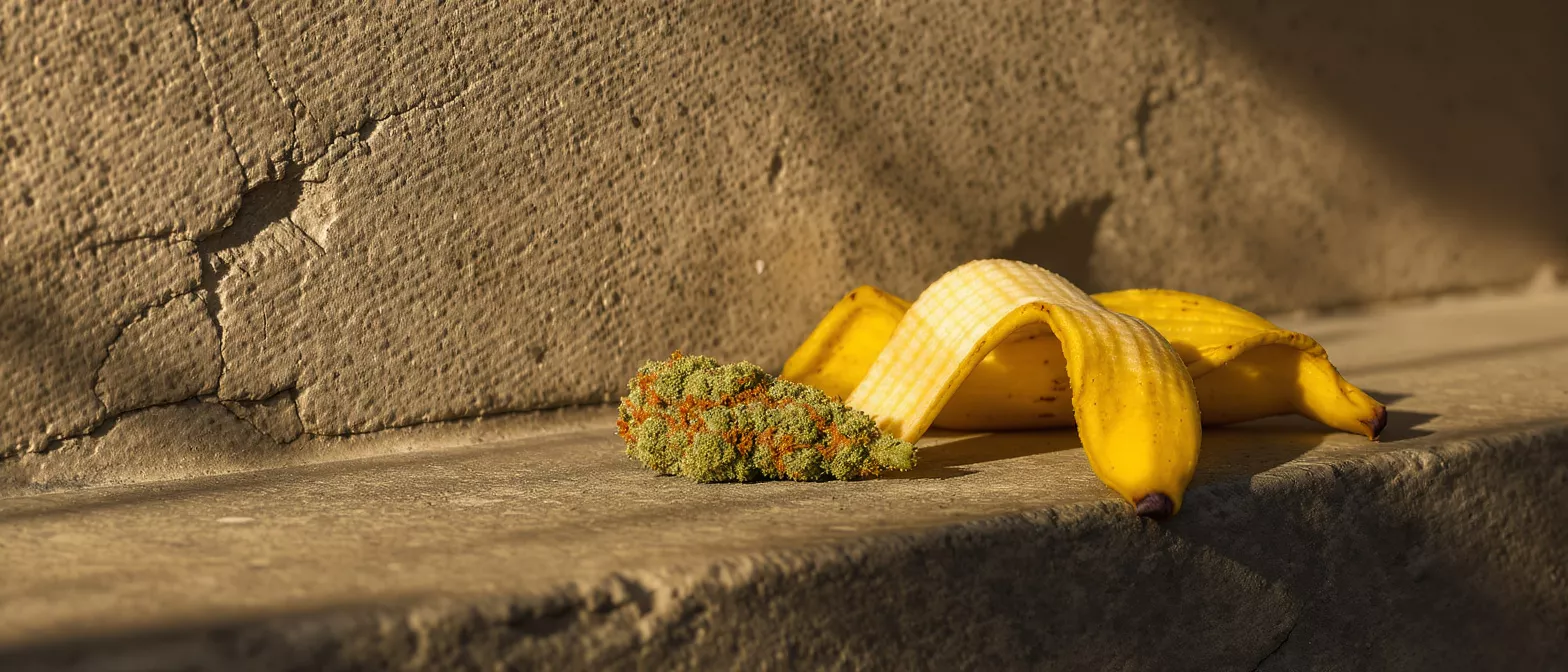 A vibrant green cannabis bud next to a yellow banana peel on concrete steps.