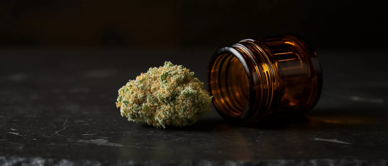 Close-up of a cannabis bud next to an amber glass jar on a dark surface.