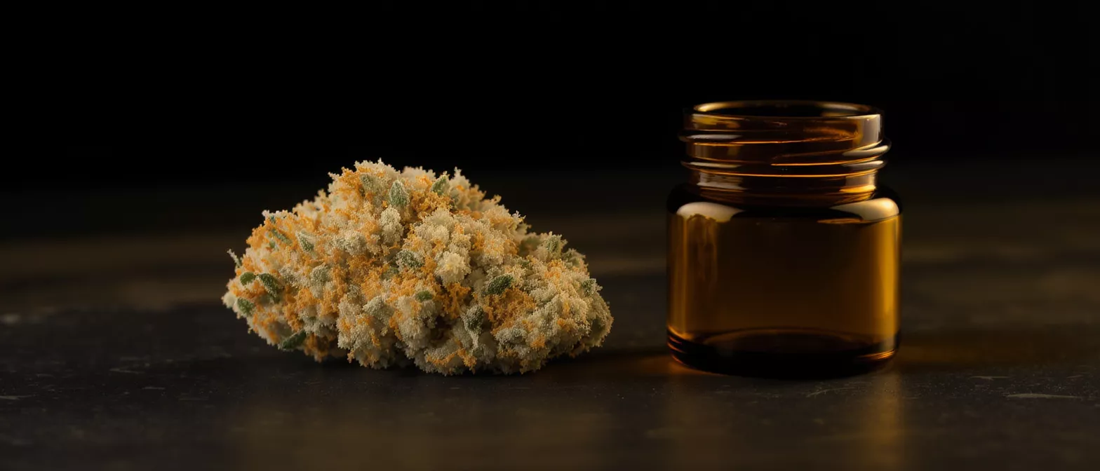 Close-up of a cannabis bud with an amber glass jar on a dark background.