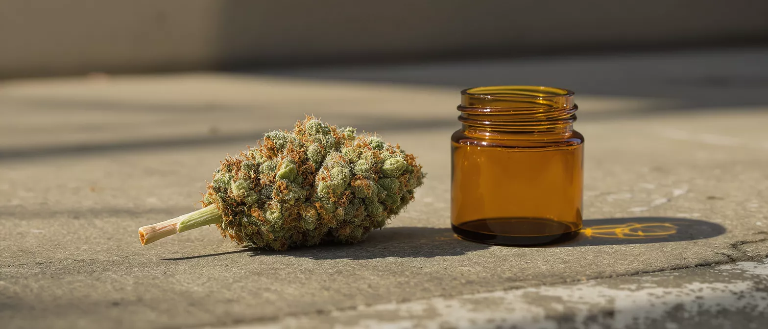 A vibrant cannabis bud next to a small amber glass jar on a concrete surface.
