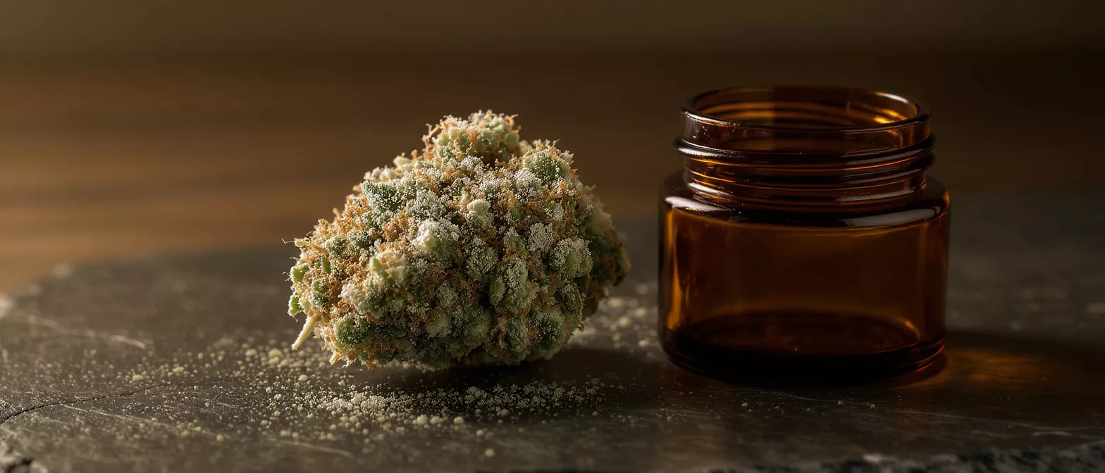 Close-up of a dense, frosty cannabis bud next to an empty amber glass jar.