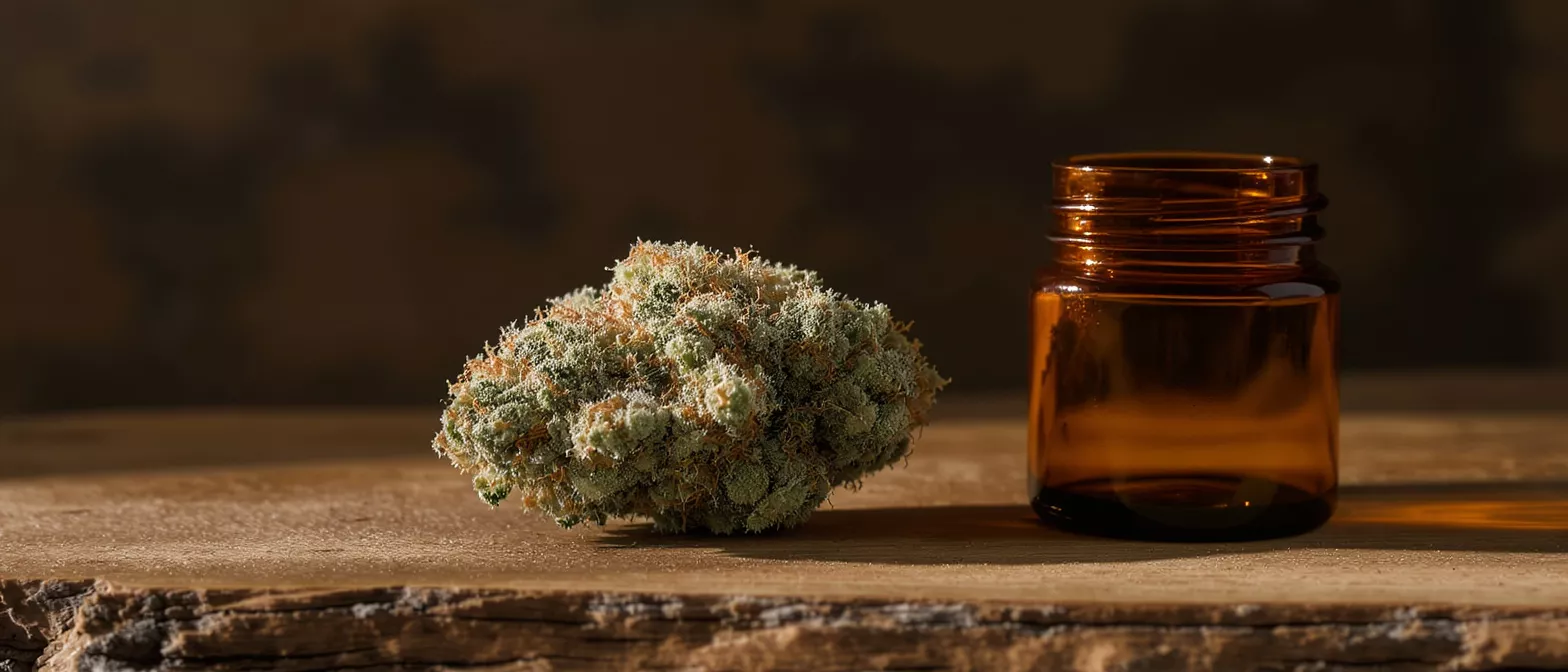 A vibrant cannabis bud sits beside a small amber glass jar on a rustic wooden surface.