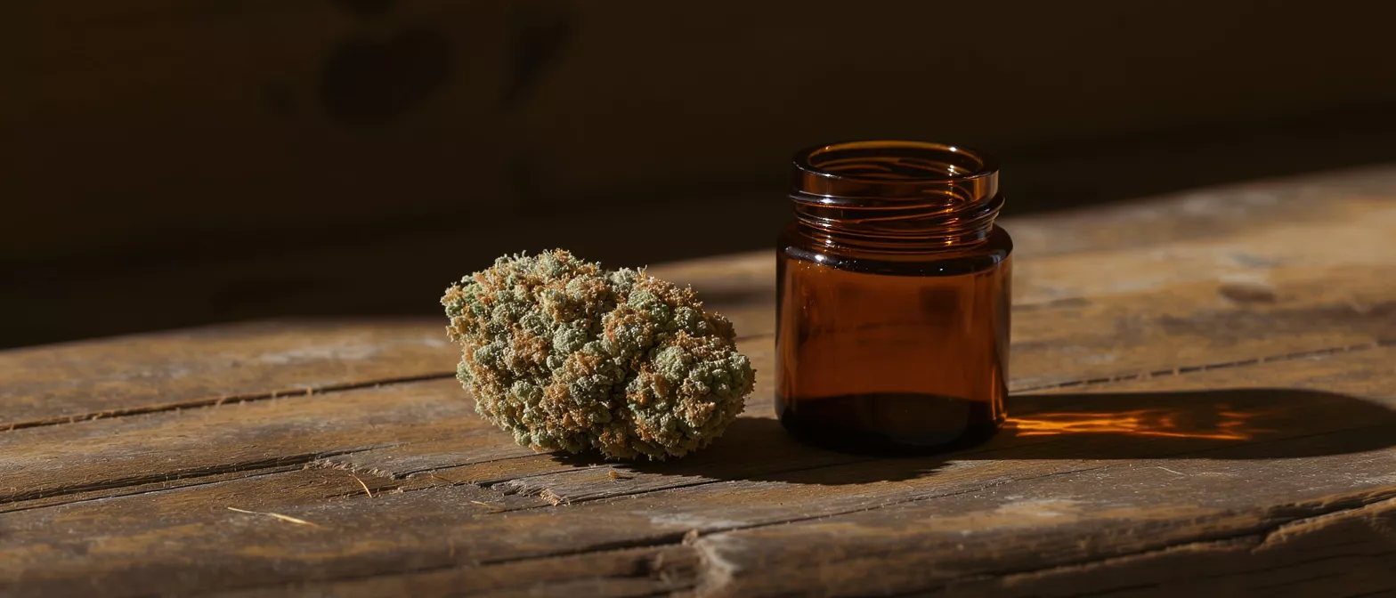 A cannabis bud next to an amber glass jar on a rustic wooden table.