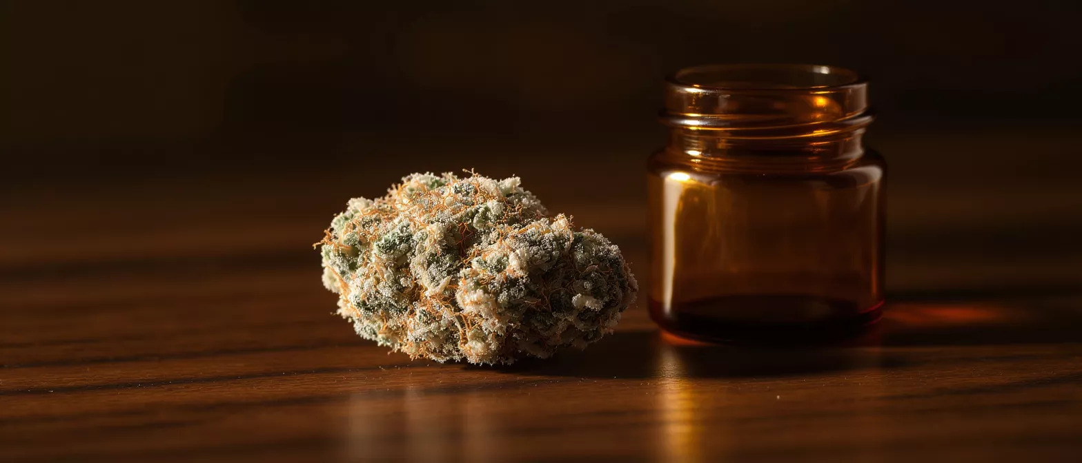 A frosty cannabis bud next to a small, empty amber glass jar on a wooden surface.