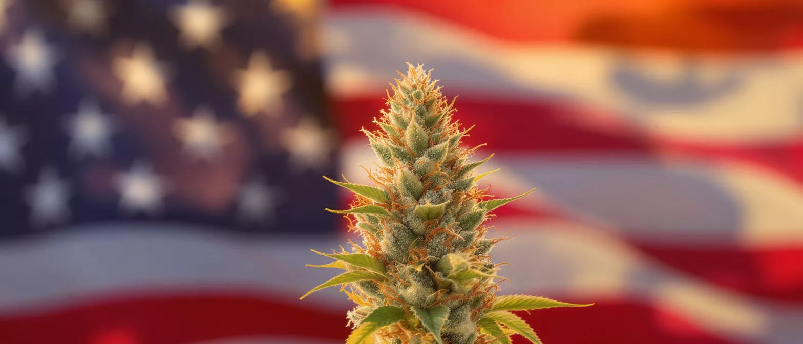 Close-up of a cannabis bud with an out-of-focus American flag in the background.