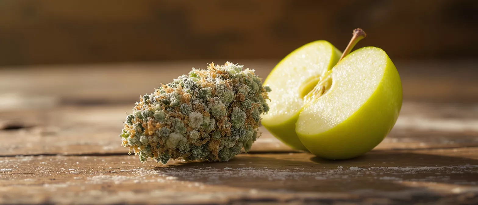 A vibrant cannabis bud next to a sliced green apple on a rustic wooden surface.
