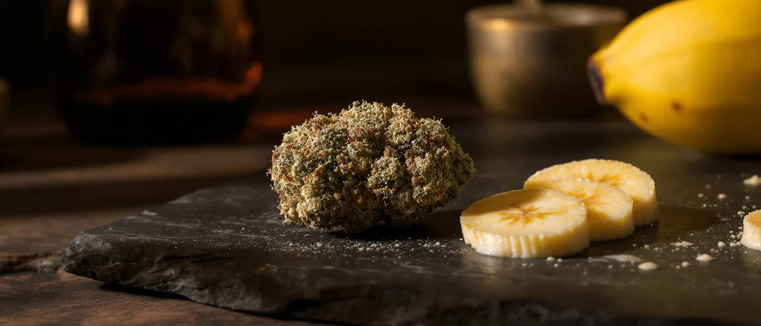 A close-up of a cannabis bud next to sliced bananas on a dark slate.