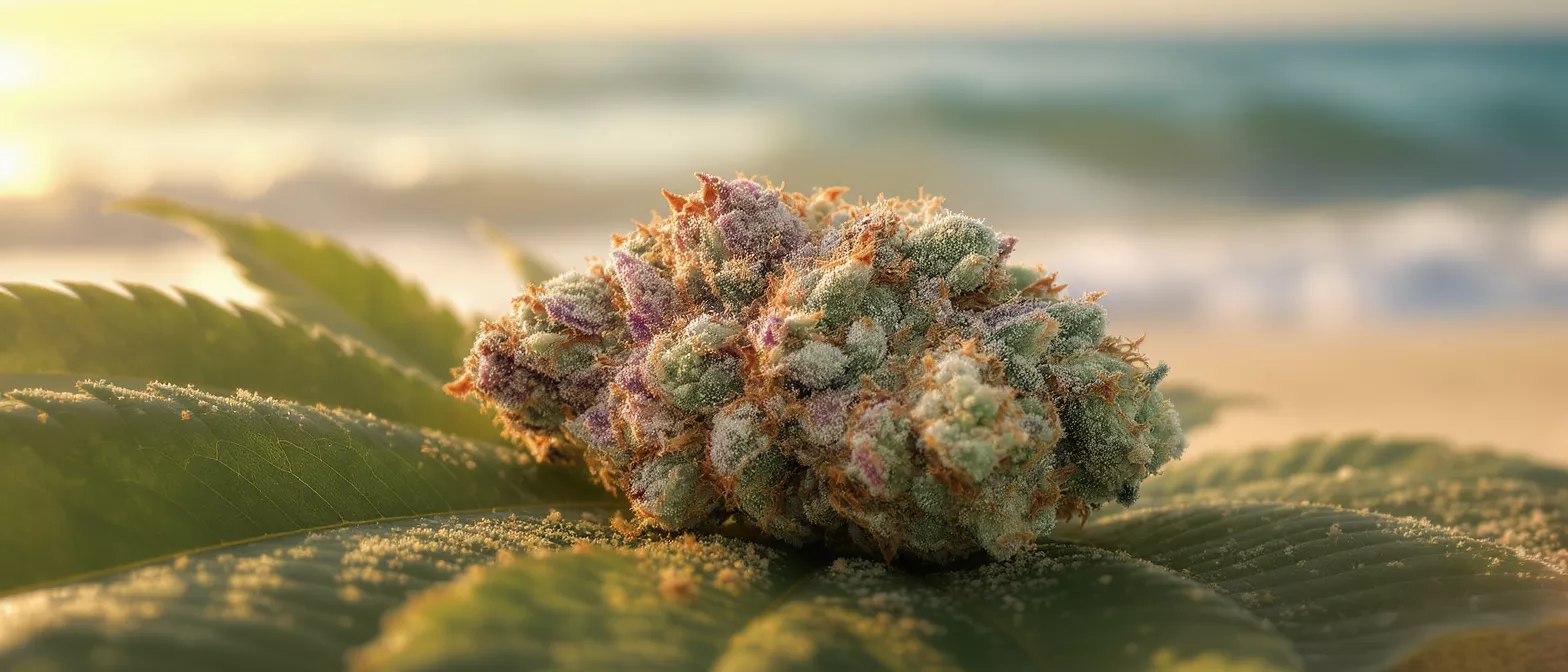 Close-up of a vibrant cannabis bud on a leaf with a beach sunset background.